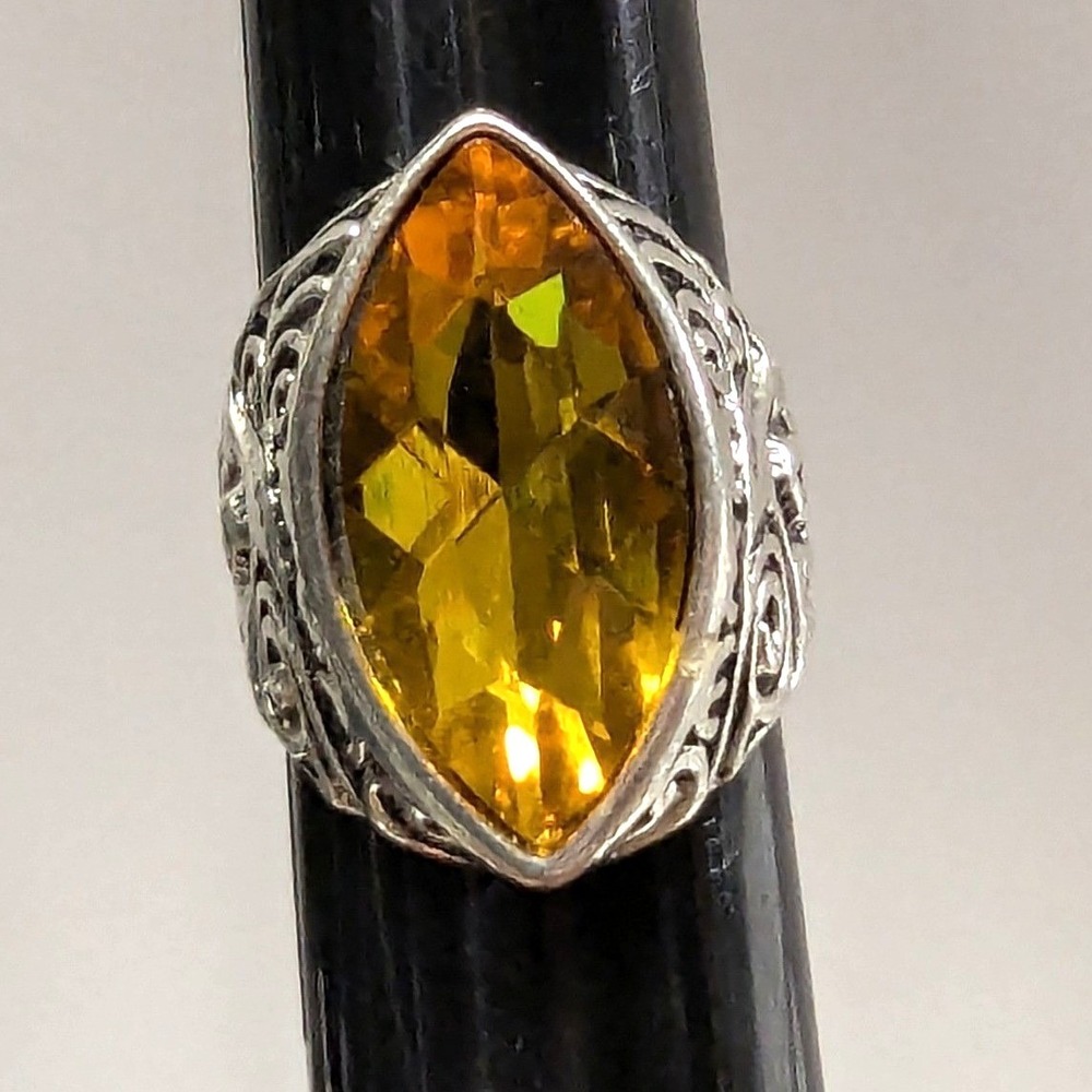 SilverTone Marquise Faceted Yellow Citrine‎ November Statement Ring Plus Size 11